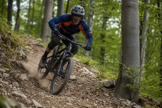 Hamowanie na stromym kamienistym zjeździe MTB